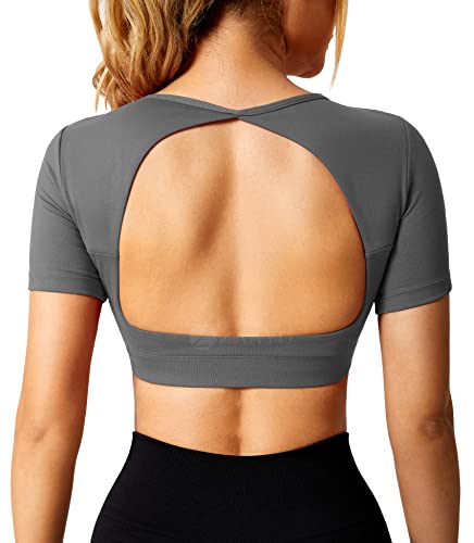 ZAAYO Sport Shirt Damen Backless Short Sleeved Halter Crop Top Highly Stretchy Fitness Stitching Shirts Dunkelgrau Medium von ZAAYO