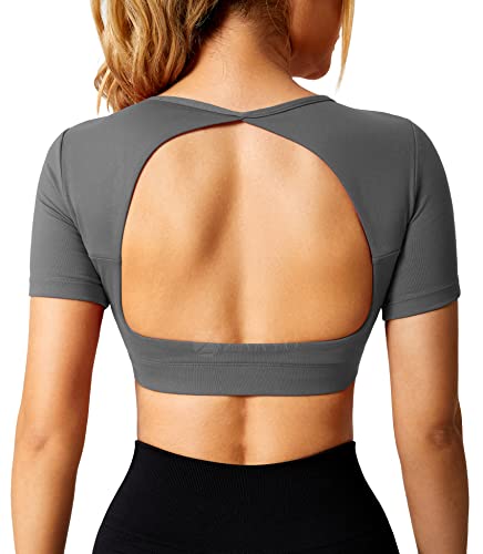 ZAAYO Sport Shirt Damen Backless Short Sleeved Halter Crop Top Highly Stretchy Fitness Stitching Shirts Dunkelgrau X-Small von ZAAYO