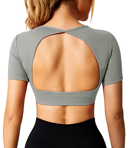 ZAAYO Sport Shirt Damen Backless Short Sleeved Halter Crop Top Highly Stretchy Fitness Stitching Shirts Hellgrau Medium von ZAAYO