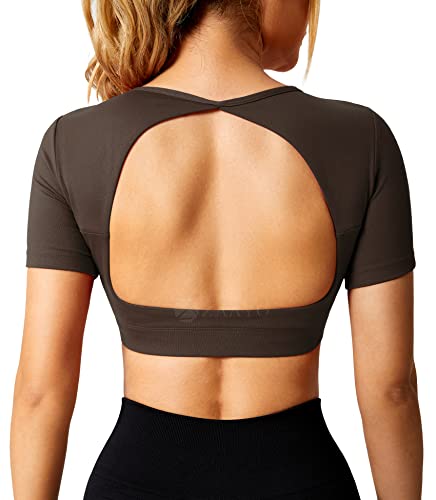 ZAAYO Sport Shirt Damen Backless Short Sleeved Halter Crop Top Highly Stretchy Fitness Stitching Shirts Kaffee Medium von ZAAYO