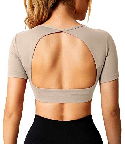 ZAAYO Sport Shirt Damen Backless Short Sleeved Halter Crop Top Highly Stretchy Fitness Stitching Shirts Reisweiß Small von ZAAYO