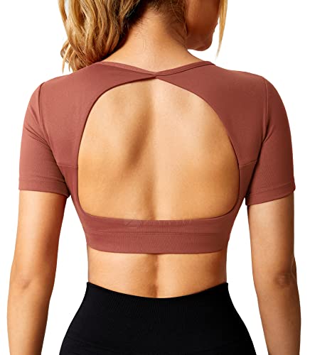 ZAAYO Sport Shirt Damen Backless Short Sleeved Halter Crop Top Highly Stretchy Fitness Stitching Shirts Rosenrot Large von ZAAYO