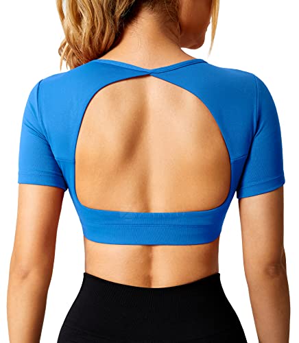 ZAAYO Sport Shirt Damen Backless Short Sleeved Halter Crop Top Highly Stretchy Fitness Stitching Shirts Royal Blue Large von ZAAYO