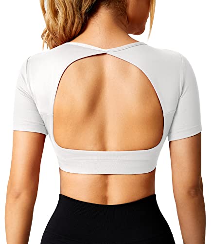 ZAAYO Sport Shirt Damen Backless Short Sleeved Halter Crop Top Highly Stretchy Fitness Stitching Shirts Weiß Large von ZAAYO