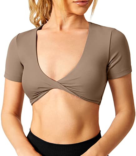 ZAAYO Workout Crop Tops Damen Short Sleeve Twist Front Crop Tank Top BH Gepolstert Kurzärmeliges Oberteil mit Offenem Nabel Gym Shirts Brown Medium von ZAAYO