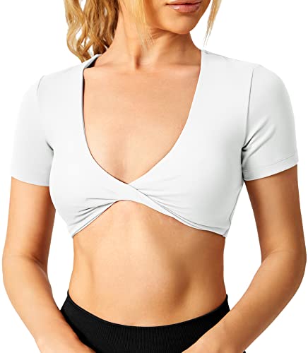 ZAAYO Workout Crop Tops Damen Short Sleeve Twist Front Crop Tank Top BH Gepolstert Kurzärmeliges Oberteil mit Offenem Nabel Gym Shirts Milk White Large von ZAAYO