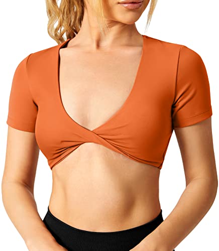 ZAAYO Workout Crop Tops Damen Short Sleeve Twist Front Crop Tank Top BH Gepolstert Kurzärmeliges Oberteil mit Offenem Nabel Gym Shirts Orange Medium von ZAAYO