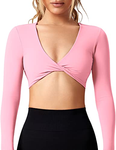 ZAAYO Workout Crop Tops für Damen Langarm Twist Front Crop Tank Top mit Brustpolster Casual Langarmshirts Candy Powder Large von ZAAYO