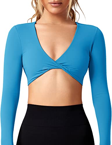 ZAAYO Workout Crop Tops für Damen Langarm Twist Front Crop Tank Top mit Brustpolster Casual Langarmshirts Dodger Blue Large von ZAAYO