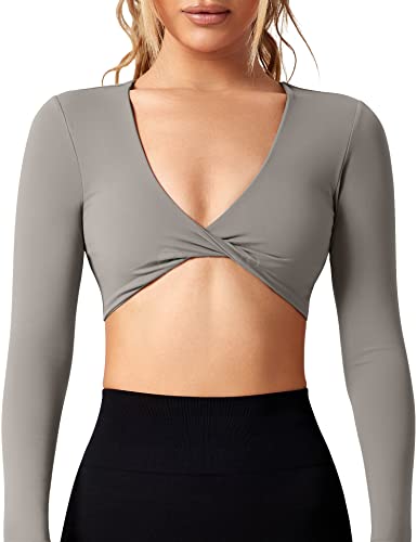 ZAAYO Workout Crop Tops für Damen Langarm Twist Front Crop Tank Top mit Brustpolster Casual Langarmshirts Gray Agate Large von ZAAYO