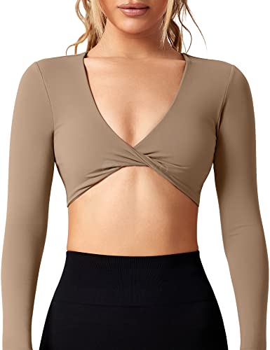 ZAAYO Workout Crop Tops für Damen Langarm Twist Front Crop Tank Top mit Brustpolster Casual Langarmshirts Light Brown Medium von ZAAYO