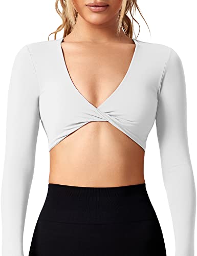 ZAAYO Workout Crop Tops für Damen Langarm Twist Front Crop Tank Top mit Brustpolster Casual Langarmshirts White Large von ZAAYO