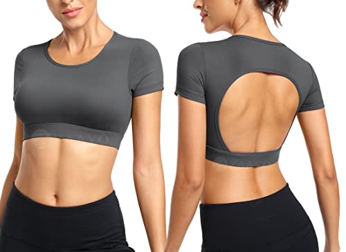 ZAAYO Workout T-Shirt für Damen Crop Top Sportshirt Sexy Rückenfrei Oberteil Bauchfrei Laufshirt Funktionsshirt Atmungsaktiv Leicht Fitness Shirts Sporttop Dunkelgrau Large von ZAAYO