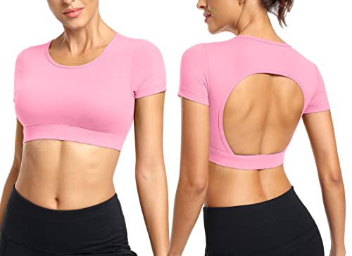 ZAAYO Workout T-Shirt für Damen Crop Top Sportshirt Sexy Rückenfrei Oberteil Bauchfrei Laufshirt Funktionsshirt Atmungsaktiv Leicht Fitness Shirts Sporttop Rosa Large von ZAAYO