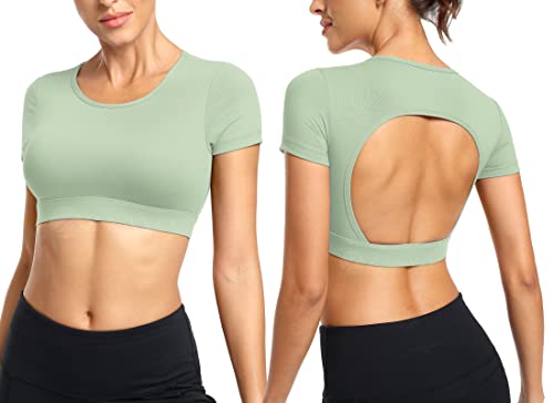 ZAAYO Workout Tops für Damen T-Shirt Crop Top Sportshirt Sexy Rückenfrei Oberteil Bauchfrei Sommer Laufshirt Funktionsshirt Atmungsaktiv Leicht Fitness Shirts Hellgrün,M von ZAAYO