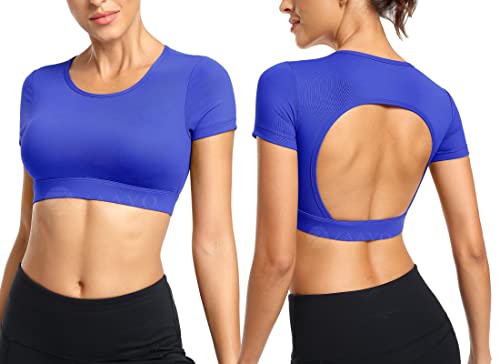 ZAAYO Workout Tops für Damen T-Shirt Crop Top Sportshirt Sexy Rückenfrei Oberteil Bauchfrei Sommer Laufshirt Funktionsshirt Atmungsaktiv Leicht Fitness Shirts Sporttop Blau, L von ZAAYO