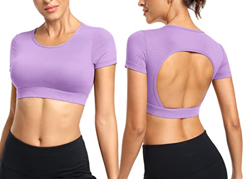 ZAAYO Workout Tops für Damen T-Shirt Crop Top Sportshirt Sexy Rückenfrei Oberteil Bauchfrei Sommer Laufshirt Funktionsshirt Atmungsaktiv Leicht Fitness Shirts Sporttop Helles Lila,M von ZAAYO