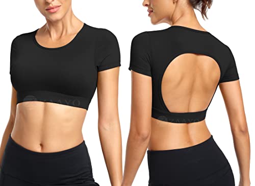 ZAAYO Workout Tops für Damen T-Shirt Crop Top Sportshirt Sexy Rückenfrei Oberteil Bauchfrei Sommer Laufshirt Funktionsshirt Atmungsaktiv Leicht Fitness Shirts Sporttop Schwarz, XS von ZAAYO