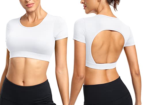 ZAAYO Workout Tops für Damen T-Shirt Crop Top Sportshirt Sexy Rückenfrei Oberteil Bauchfrei Sommer Laufshirt Funktionsshirt Atmungsaktiv Leicht Fitness Shirts Sporttop Weiß,L von ZAAYO