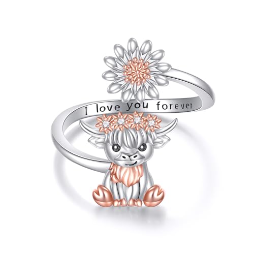 Highland Cow Ring 925 Sterling Silber Highland Cow Geschenke verstellbarer offener Gänseblümchenring Schmuckgeschenk für Frauen von ZADIUA