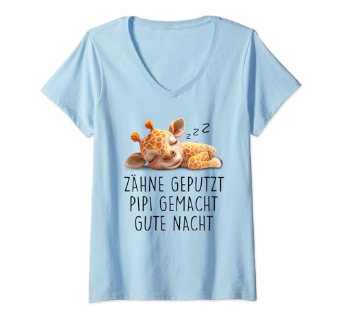 Damen ZÄHNE GEPUTZT PIPI GEMACHT GUTE NACHT - Nachthemd Pyjama T-Shirt mit V-Ausschnitt von ZÄHNE GEPUTZT X PIPI GEMACHT X GUTE NACHT. Giraffe