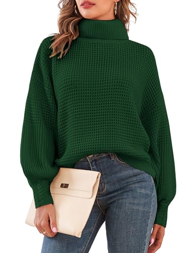 Damen Rollkragenpullover mit langen Laternenärmeln und Waffelstrick, übergroßer Pullover, Dunkelgrün, Groß von ZAFUL