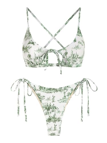 ZAFUL Ausgeschnitten Schnüren Krawattenseite Toile String-Bikini-Set Sexy Niedrige Taille Zwei Stück Badeanzug-Badebekleidung für Damen (2-Grün,M) von ZAFUL