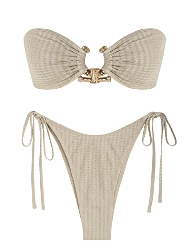 ZAFUL Metal Ring Bandeau Bikini Set mit Bindebändern, Hochgeschnittenes 2-Teiliges Badeanzug-Set, Cutout-Schwimmbekleidung, Beige, Large von ZAFUL