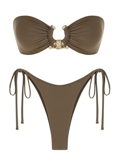 ZAFUL Metal Ring Bandeau Bikini Set mit Bindebändern, Hochgeschnittenes 2-Teiliges Badeanzug-Set, Cutout-Schwimmbekleidung, Medium von ZAFUL