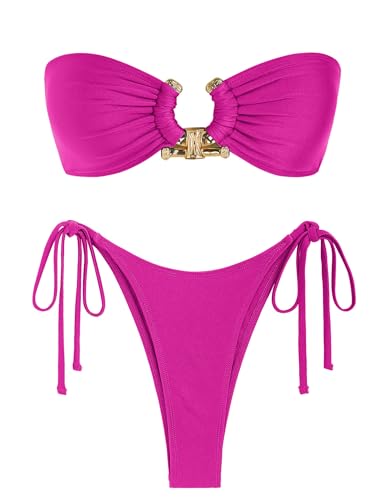 ZAFUL Bandeau-Bikini-Set mit Metallringen, seitlich zum Binden, hoher Schnitt, 2-teiliger Badeanzug mit Cut-Out-Bademode, Seidiges Hot Pink, S von ZAFUL