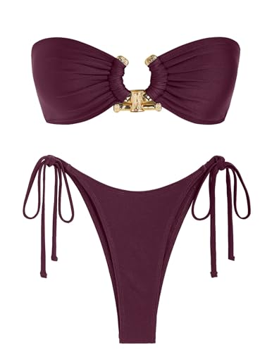 ZAFUL Bandeau-Bikini-Set mit Metallringen, seitlich zum Binden, hoher Schnitt, 2-teiliger Badeanzug mit Cut-Out-Bademode, Seidiges Weinrot, Medium von ZAFUL