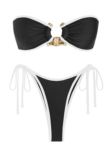 ZAFUL Bandeau-Bikini-Set mit Metallringen, seitlich zum Binden, hoher Schnitt, 2-teiliger Badeanzug mit Cut-Out-Bademode, schwarz und weiß, Medium von ZAFUL