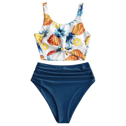 ZAFUL Bauchweg High Waist Damen Bikini Set Cute mit Knoten Ananas Obstdruck Hohe Taille Tankini Set gepolsterter Ruched Zweiteiliger Curvy Badeanzug (Ananas-Blau,2XL) von ZAFUL