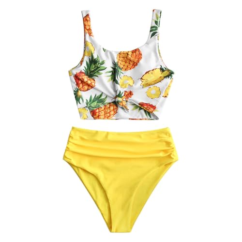 ZAFUL Bauchweg High Waist Damen Bikini Set Cute mit Knoten Ananas Obstdruck Hohe Taille Tankini Set gepolsterter Ruched Zweiteiliger Curvy Badeanzug (Ananas-Gelb,L) von ZAFUL