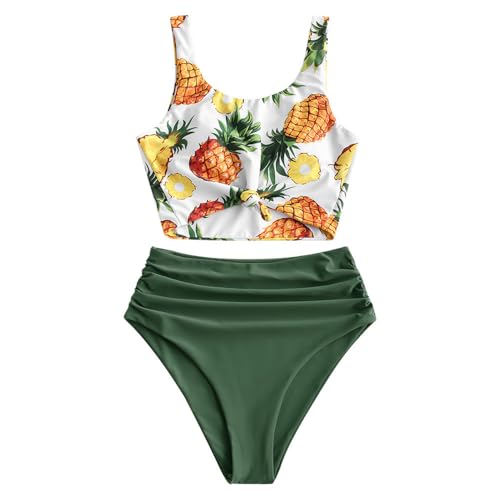 ZAFUL Bauchweg High Waist Damen Bikini Set Cute mit Knoten Ananas Obstdruck Hohe Taille Tankini Set gepolsterter Ruched Zweiteiliger Curvy Badeanzug (Ananas-Grün,S) von ZAFUL