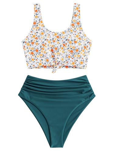 ZAFUL Bauchweg High Waist Tankini-Set mit Niedlichem Knoten-Detail, Blumen-Crop-Bikinioberteil & Rüschen-Bikinihose | Tommy Contral Gepolsterter Zweiteiliger Badeanzug für Damen (Blumen-Gelb,XL) von ZAFUL