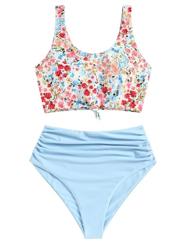 ZAFUL Bauchweg High Waist Tankini-Set mit Niedlichem Knoten-Detail, Blumen-Crop-Bikinioberteil & Rüschen-Bikinihose | Tommy Contral Gepolsterter Zweiteiliger Badeanzug für Damen (Blumen-Hellblau,S) von ZAFUL