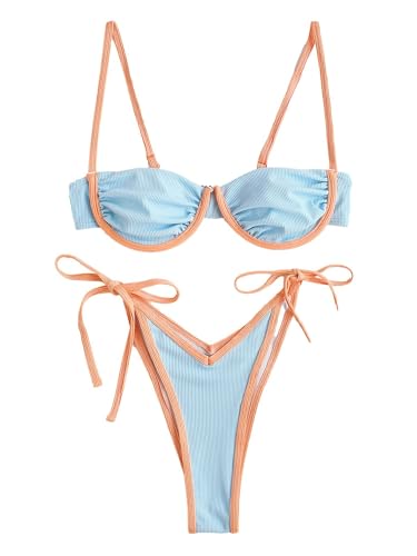 ZAFUL Bikini-Set mit geripptem Kontrastpaspel und Bügel, Tanga, sexy, hoher Schnitt, Zweiteiliger Badeanzug, Badebekleidung für Damen (2-Hellblau,L) von ZAFUL