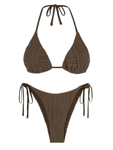 ZAFUL Bikini-Sets für Damen, Neckholder, zweiteiliger Badeanzug, gerippt, hoch geschnitten, seitliche Tanga, Badeanzug, sexy, gepolsterte Bademode, Deep Coffee, Large von ZAFUL