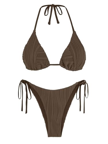 ZAFUL Bikini-Sets für Damen, Neckholder, zweiteiliger Badeanzug, gerippt, hoch geschnitten, seitliche Tanga, Badeanzug, sexy, gepolsterte Bademode, Deep Coffee, S von ZAFUL