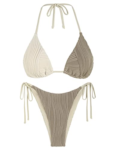 ZAFUL Bikini-Sets für Damen, Neckholder, zweiteiliger Badeanzug, gerippt, hoch geschnitten, zum Binden an der Seite, Tanga, Badeanzug, sexy, gepolsterte Bademode, Kaffee, Large von ZAFUL