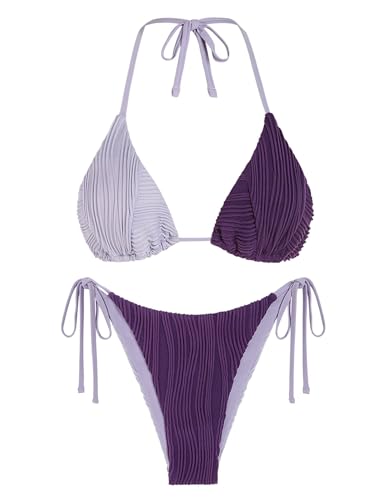 ZAFUL Bikini-Sets für Damen, Neckholder, zweiteiliger Badeanzug, gerippt, hoch geschnitten, seitliche Tanga, Badeanzug, sexy, gepolsterte Bademode, Violett, S von ZAFUL