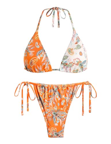 ZAFUL Bikini-Sets für Damen, Neckholder, zweiteiliger Badeanzug, gerippt, hoch geschnitten, zum Binden an der Seite, Tanga, Badeanzug, sexy, gepolsterte Bademode, Z-orange, S von ZAFUL