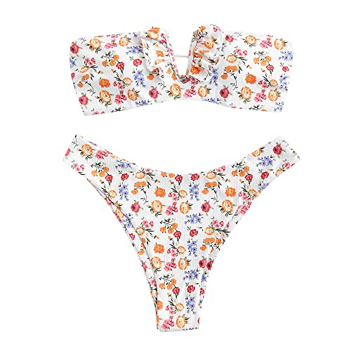 ZAFUL Blumen V-Draht Gerippt Hoher Schnitt Bandeau Bikini Set Gepolstert Zwei Stücke Badeanzug Bademode für Damen (B-Weiß,M) von ZAFUL