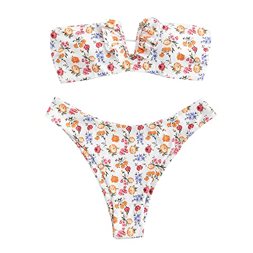 ZAFUL Blumen V-Draht Gerippt Hoher Schnitt Bandeau Bikini Set Gepolstert Zwei Stücke Badeanzug Bademode für Damen (B-Weiß,S) von ZAFUL