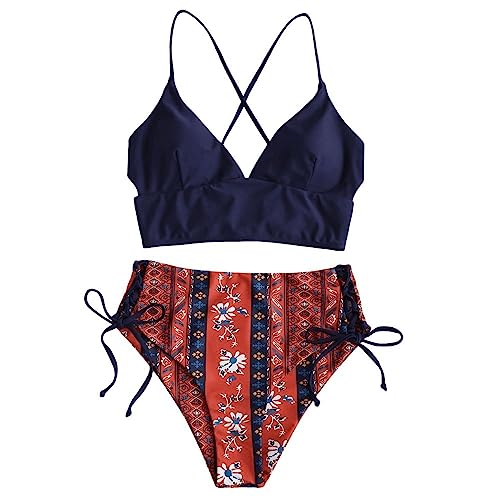 ZAFUL Bohemian Lace Up High Waisted Tankini Swimsuit-Deep Blue 2XL von ZAFUL