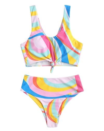 ZAFUL Bunt Drucken Bindesaum Hoch tailliert Tankini-Set Gepolstert Zwei Stück Badeanzug-Badebekleidung für Damen (7-Mehrfarbig,M) von ZAFUL