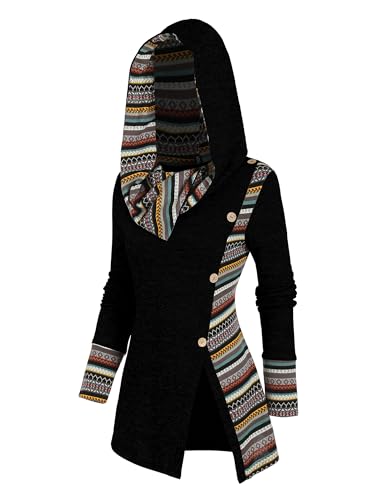 ZAFUL Damen 2023 Casual Hoodies Boho Dressy Sweatshirt Wasserfallkragen Essentials Herbst Outfits Pullover Knopf Mit Kapuze Strickoberteile, Natur Schwarz, S von ZAFUL