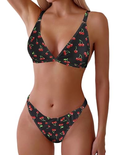 ZAFUL Damen-Badeanzug, 2-teilig, Blumendruck, dreieckig, hoch geschnitten, Bikini-Set, 1 rote Kirsche, S von ZAFUL