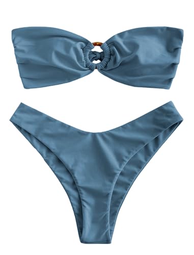 ZAFUL Damen Bandeau-Bikini, O-Ring, trägerlos, Raffhalter, hoher Schnitt, zweiteiliger Badeanzug, 1-Haze Blue, Medium ZAFUL Damen Bandeau-Bikini, O-Ring, trägerlos, Raffhalter, hoher Schnitt, zweiteiliger Badeanzug, 1-Haze Blue, Medium von ZAFUL
